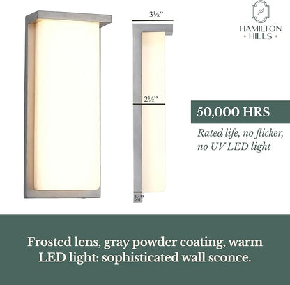Hamilton Hills 14 Inch Silver Squared Flush Mount Outdoor Light Fixture | Modern Front Door Exterior Light 3000K Frosted Lens Wall Sconce | Outside LED Porch Lights with Brushed Nickel Finish