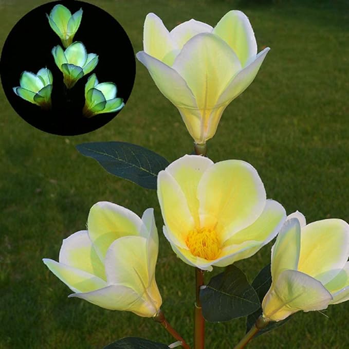 Solar Garden Lights Solar Light Outdoor, Magnolia Flower Lamp Stick Lamp 4 Forks Garden Ground Lamp for Home (Pink Magnolia White Light) (Color : Yellow)