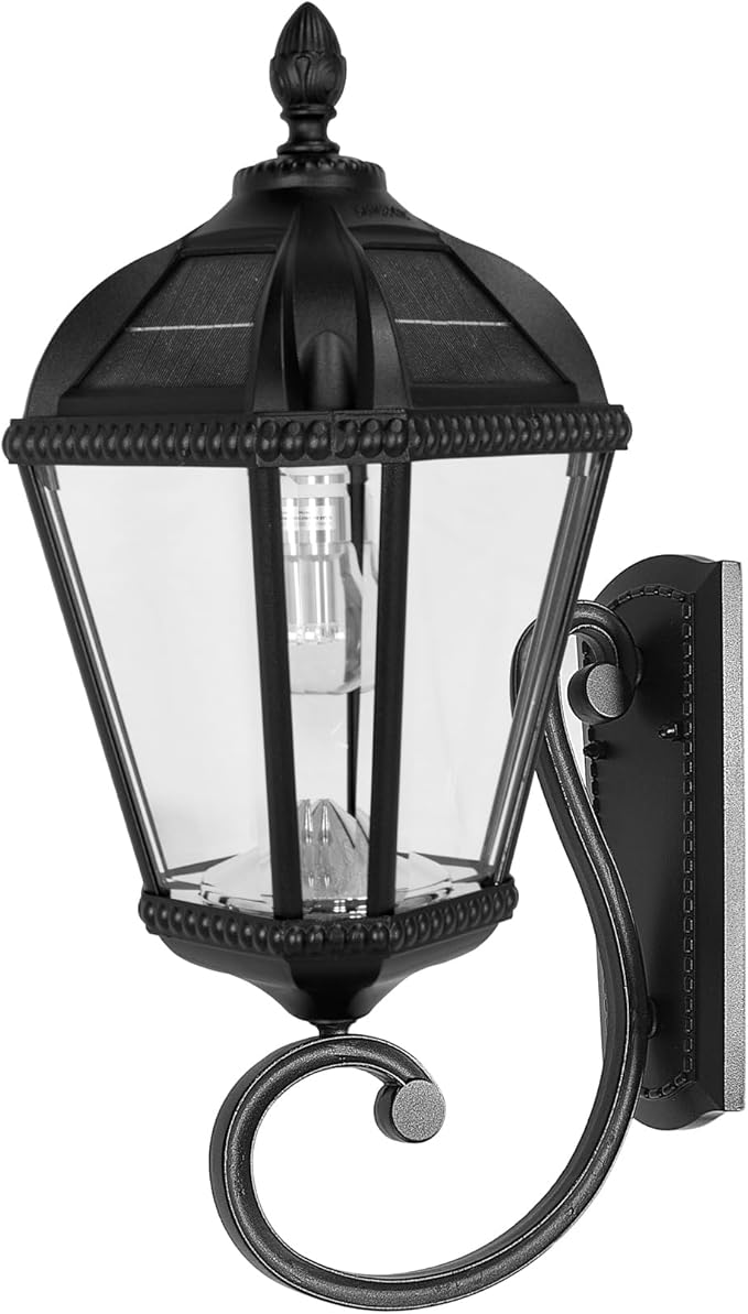 Gama Sonic Solar Outdoor Wall Light, Royal Bulb Exterior Sconce Lamp, Black Cast Aluminum, Clear Beveled Glass | Lumora