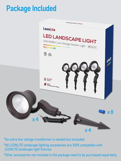 LEONLITE 10W RGB Low Voltage Landscape Lights, Color Changing Wall Wash Landscape Lighting Outdoor, 12V LED Landscape Spotlights, Uplight, ETL Listed, Aluminum, IP65 Waterproof, Pack of 4