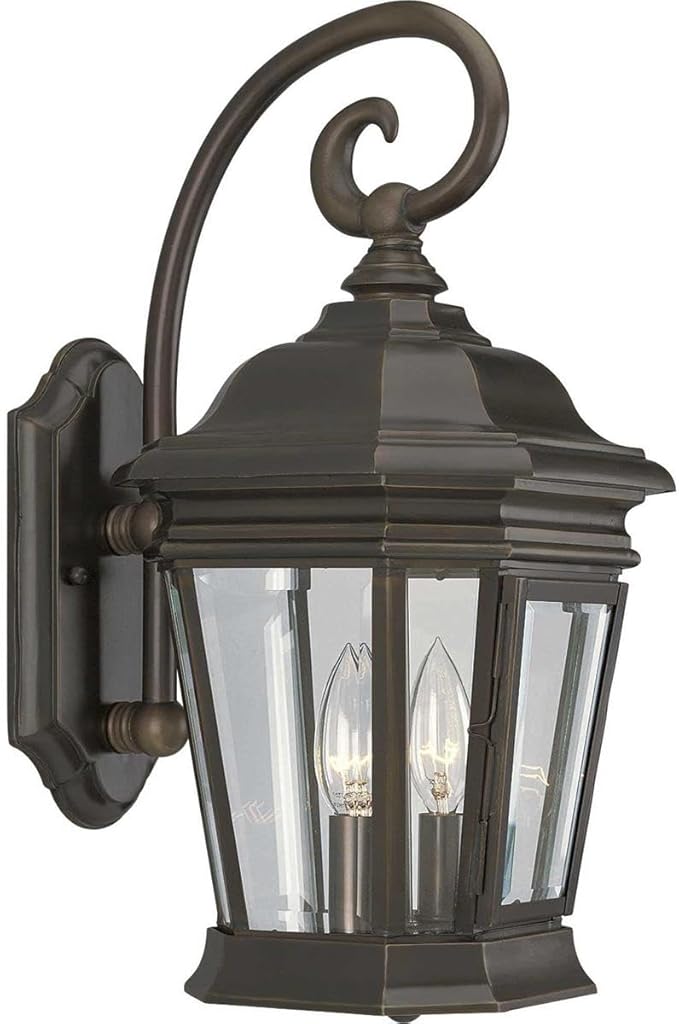 Progress Lighting P5671-108 2-Light Wall Lantern with Clear Beveled Glass Panels and Scroll Arm Details, Oil Rubbed | Lumora