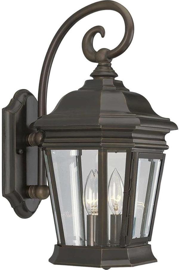 Progress Lighting P5671-108 2-Light Wall Lantern with Clear Beveled Glass Panels and Scroll Arm Details, Oil Rubbed | Lumora