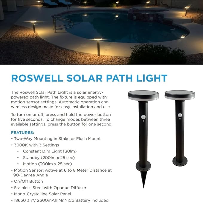 SPW Brilliance Roswell-Solar-PL Solar Powered Path Light 3000K LED Landscape Light Fixture ROSWELLSOLARPL, Black