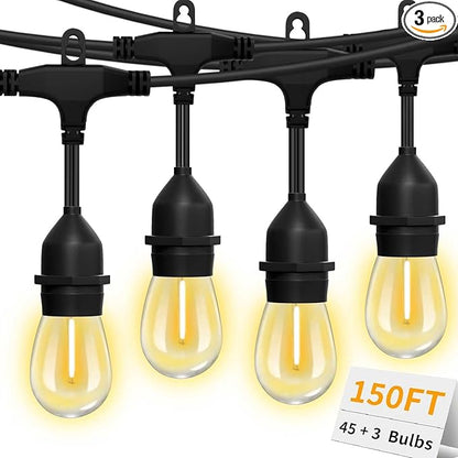 Outdoor String Lights,150FT String Lights for Outside with 45+3 Shatterproof S14 LED Bulbs,Outdoor Lights for Backyard,Market,Bistro,2700K WarmWhite (3-Pack)
