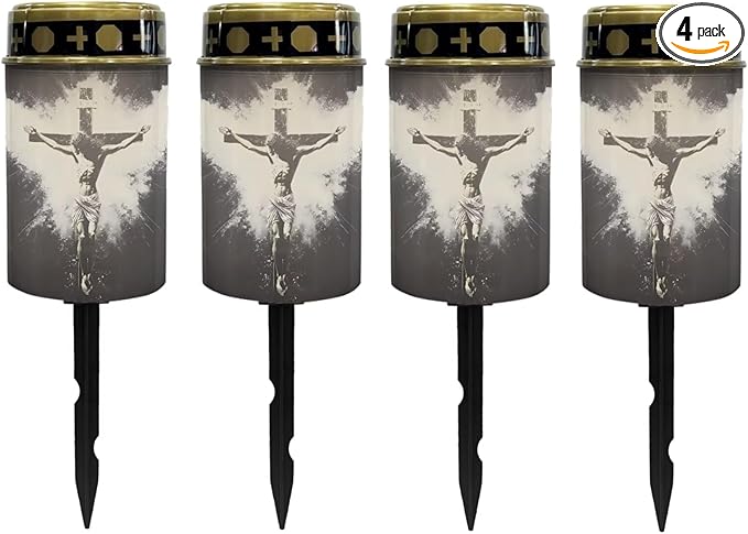 Poceacles Cross Solar Lights Set of 4 Outdoor Waterproof Cemetery Lights Solar Powered Grave Solar Lantern Outdoor Waterproof Walkway Lights for Lawn Garden Pathway, God Cross Black White