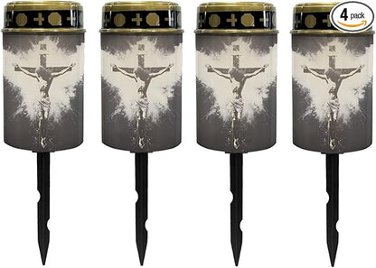Poceacles Cross Solar Lights Set of 4 Outdoor Waterproof Cemetery Lights Solar Powered Grave Solar Lantern Outdoor Waterproof Walkway Lights for Lawn Garden Pathway, God Cross Black White