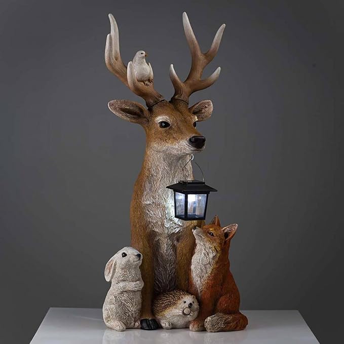 Outdoor Decor Solar Statue Lamps Creative Deer Rabbit Hedgehog Wolf Modeling Sculpture Lights Waterproof Energy Saving Solar Resin Figurine Lamps for Garden Lawn Yard Decoration, 10x8x20cm