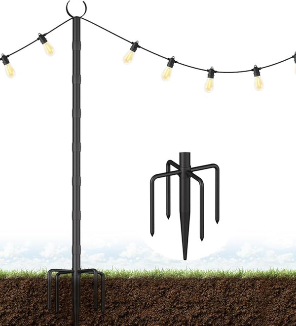 10Ft String Light Poles for Grass & Soil, Outdoor Light Stand with 5-Prong Fork Base, Heavy-Duty Metal Poles for | Lumora