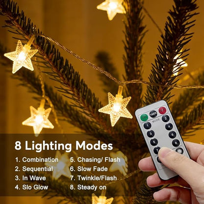 49.2ft Warm White Star String Lights, 100 LED with 16ft Extended Lead Wire & Remote, 8 Modes, IP44 Waterproof Plug in Linkable Lights for Outdoor Indoor Party Wedding