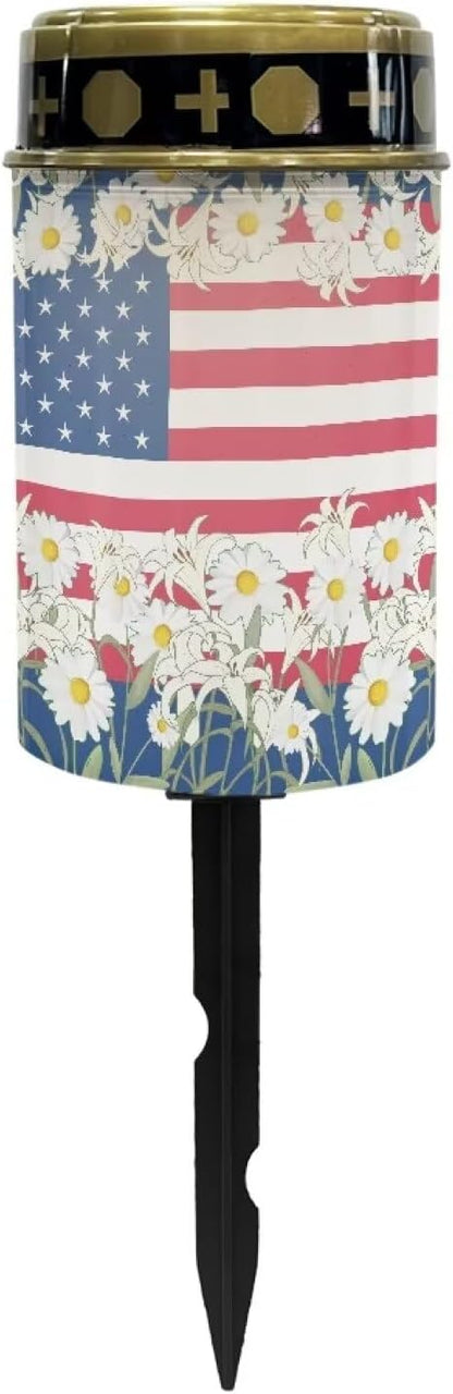 Daisy American Flag Solar Outdoor Lights, Waterproof Solar Pathway Lights,Auto On/Off Solar Lights, Cemetery Lights for Grave Walkway Driveway Yard Lawn Landscape Decor
