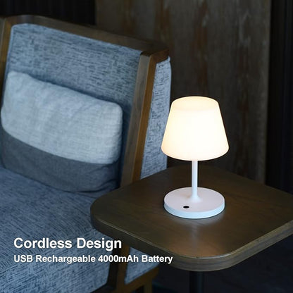 Outdoor Table Lamp/Cordless USB Rechargeable 4000mAh / 2700K LED/Touch Dimmable/Portable Battery Operated / IP44 Waterproof/PE Shade/Bedroom Dinning Camping Patio (9.6in, White)