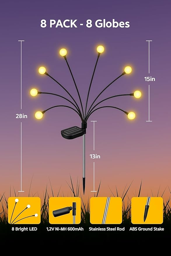 Solar Firefly Lights Outdoor, 8 Pack 64 LED Swaying Garden Stake Lights, Warm White IP65 Waterproof, Auto On/Off, Yard Decor Stakes for Patio Lawn Pathway