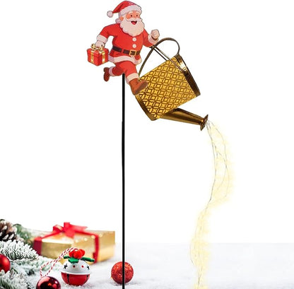 Christmas Santa Solar Kettle Lights, Waterproof Solar Watering Can with Cascading Lights, Garden Lawn Decorative Light, Hanging Metal Solars Santas Watering Can Led Light for Yard Pathway