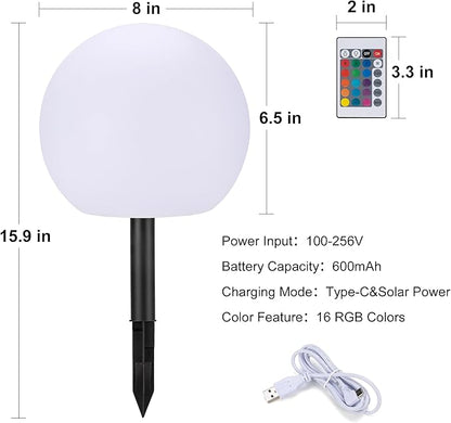 shumi 8-inch Solar Globe Lights Outdoor Waterproof, LED Solar Ball Light Outdoor 16 RGB Colors 4 Modes with Remote Control, Solar Shpere Lamp Orb Light for Outside Garden Yard Bar Party Pool