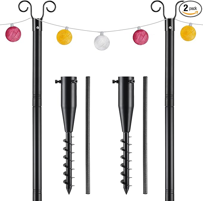 COCONUT String Light Poles for Outsides, 2 PCS 10 FT Heavy Duty Metal Poles for Outdoor String Light Hanging with Ground Anchor Holder, Backyard, Garden, Patio, for Party, Wedding