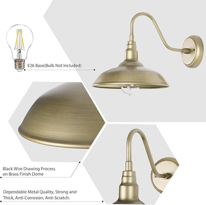 Brass Outdoor Gooseneck Light, 10'' Diameter Gooseneck Barn Wall Sconce for Porch, Exterior Waterproof Farmhouse Light Fixture with Wall Mount, 2 Pack, LM2201-GL-2P