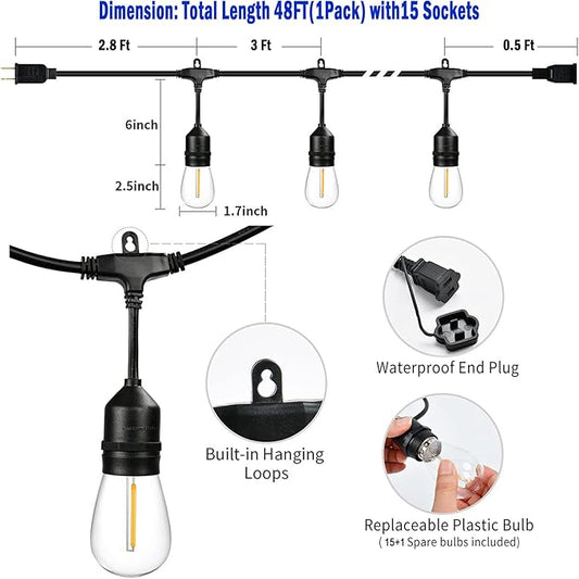 Commercial Outdoor String Lights 48FT, 15+1 LED Replaceable S14 Edison Bulbs 2200K, Black Weatherproof Cord for Patio Bistro Yard Pergola Lights, Linkable
