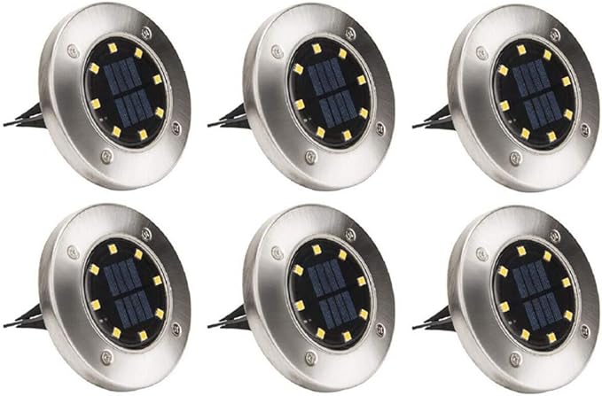 Solar Ground Lights 8 LED Disk Light Solar Powered Ground Lights Outdoor Garden Pathway Lights for Outdoor Solar Landscape Path Yard Driveway Pathway Walkway, 6 Pack,Warm White,Siliver Finish
