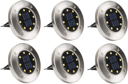 Solar Ground Lights 8 LED Disk Light Solar Powered Ground Lights Outdoor Garden Pathway Lights for Outdoor Solar Landscape Path Yard Driveway Pathway Walkway, 6 Pack,Warm White,Siliver Finish