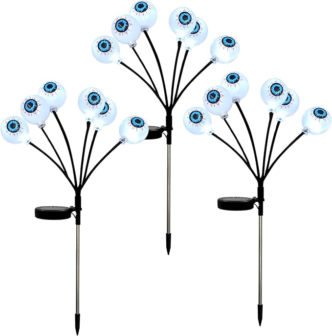 LEWIS&WAYNE Solar Halloween Pathway Lights 3 Pack Eyeball Stake Lights Outdoor 2 Modes Cool White LEDs for Garden Yard Patio
