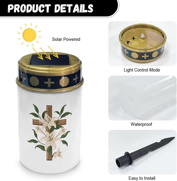 Cross Lilie Cemetery Lights for Grave Solar Waterproof Led Solar Lights for Outside Solar Cross Cemetery Grave Cemetery Candle Holder for Grave Cemetery Light Blessed Candles