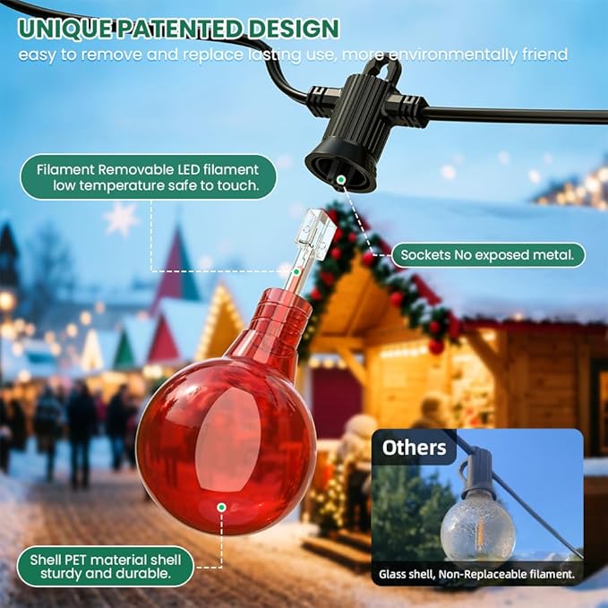 Christmas Outdoor String Lights 50FT, Colored Patio Lights, Shatterproof Dimmable Hanging Light with 25 LED G40 Bulbs Waterproof Outside Light for Xmas Halloween Garden Backyard Yard Bistro Holiday