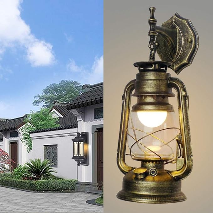 FIKNEE Rustic Wall Sconce Lighting - Antique Vintage Lantern Light Fixture for Porch, Garden, Yard - Retro Outdoor Lamp (Green)