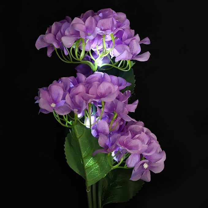 LED Solar Garden Light Outdoor Decorative Artificial Flower Path Light, 3 Blooming Realistic Hydrangea Flowers Solar-powered Light Waterproof Landscape Pathway Yard Walkway Solar Flower Light