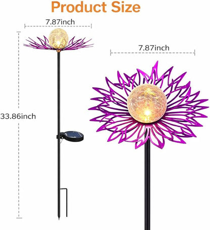 Solar Garden Lights Outdoor Decor, Metal Flower Solar Stake Light with Warm White Crackle Glass, Waterproof Yard Art Ornament for Patio Lawn Backyard, Unique Gardening Gifts for Women(Purple)