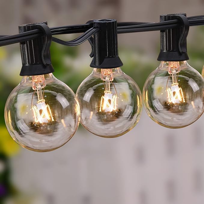 25Ft G40 Outdoor String Lights with 25 Clear Vintage Light Bulbs and 25 Pack G40 Replacement Light Bulbs, C7/E12 Screw Base, 5W Black Wire