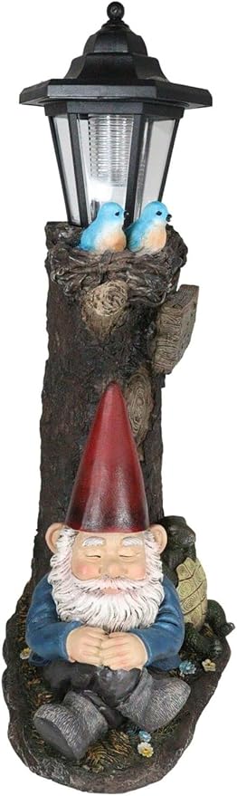 Ebros Gift Whimsical Summer Dream Garden Gnome with Buddy Turtle Taking a Short Nap Under Tree Outpost Crossroad Station Solar Path LED Courtesy Light Garden Statue Home Decorative Patio Figurine