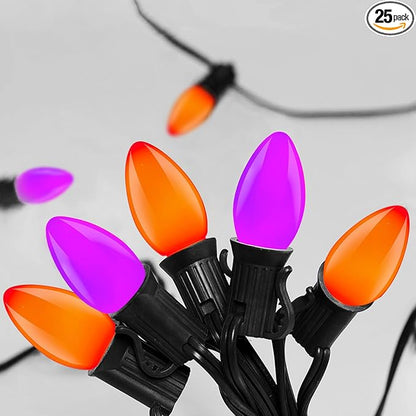 SUNSGNE C7 LED Halloween String Lights Outdoor, 25FT Orange Purple String Lights with 27 Shatterproof Plastic LED Bulbs(2 Spare) for Patio Balcony Backyard Decor, Black Wire
