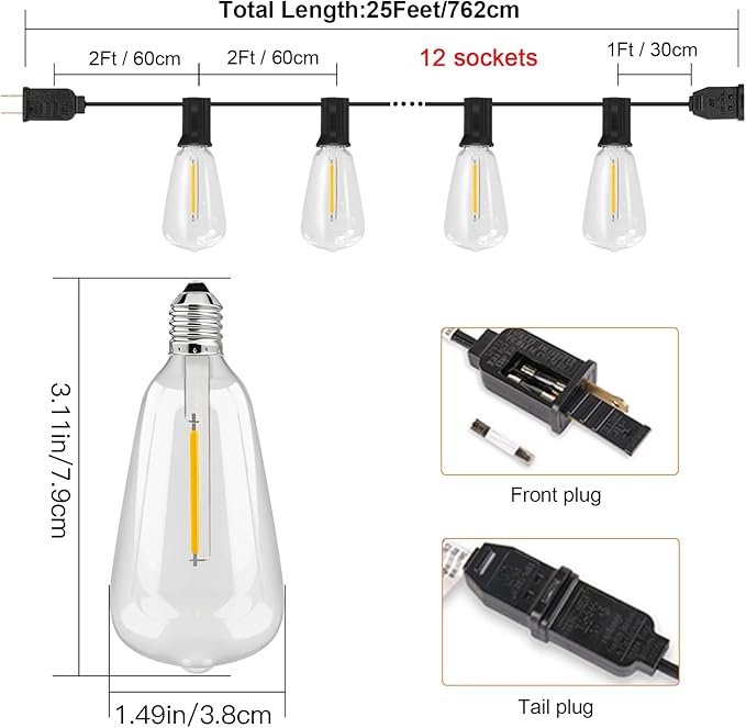 Outdoor String Lights with ST38 Clear Globe Bulbs, Black Cord, Waterproof LED Edison Filament Decorative Lighting for Patio, Garden, Backyard (ST38 Bulbs, 25FT)