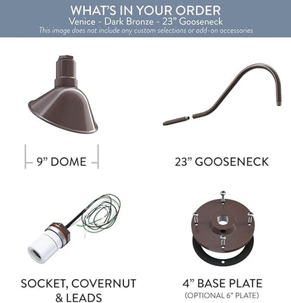 Steel Lighting Co. Venice Store Sign Light | for Outdoor Restaurant Accent Wall | 9 inch Dome | 23 inch Gooseneck | Made in America | Dark Bronze Exterior/White Interior