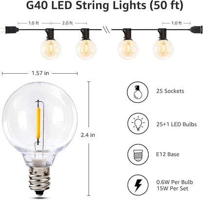 Lepro LED Outdoor String Lights for Patio, 50ft Bistro Lights with 26 Shatterproof G40 Globe Edison Bulbs, Waterproof Café Lights, Backyard Hanging Lights for Deck, Pergola, Porch, Garden, Gazebo