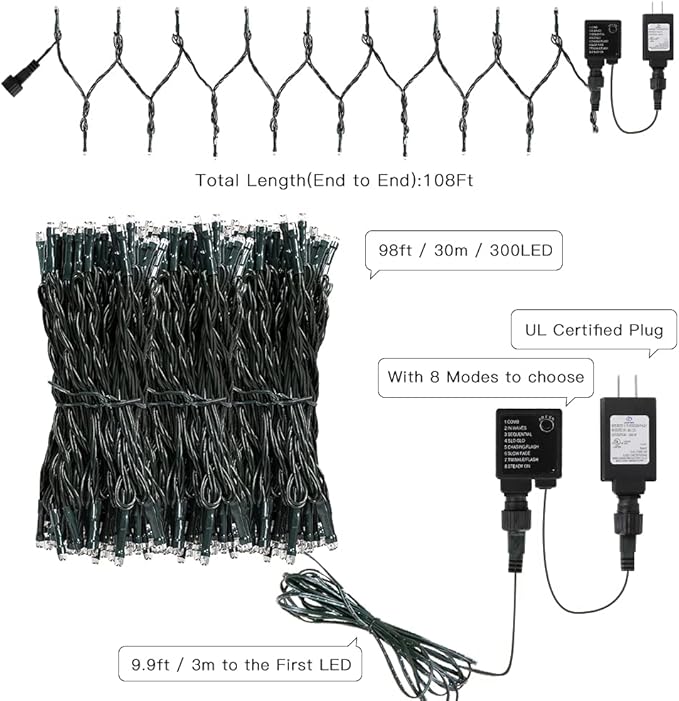 AmyHomie Warm White Christmas Lights, 108Ft 300LED Plug-in Christmas String Lights,8 Modes Waterproof Fairy String | Lumora