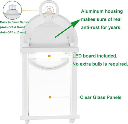 LIT-PaTH Small Outdoor LED Wall Lantern with Dusk to Dawn Photocell, 3000K Warm White, 9.5W, 800 Lumen, Aluminum Housing Plus Glass, Outdoor Rated, 1-Pack, White