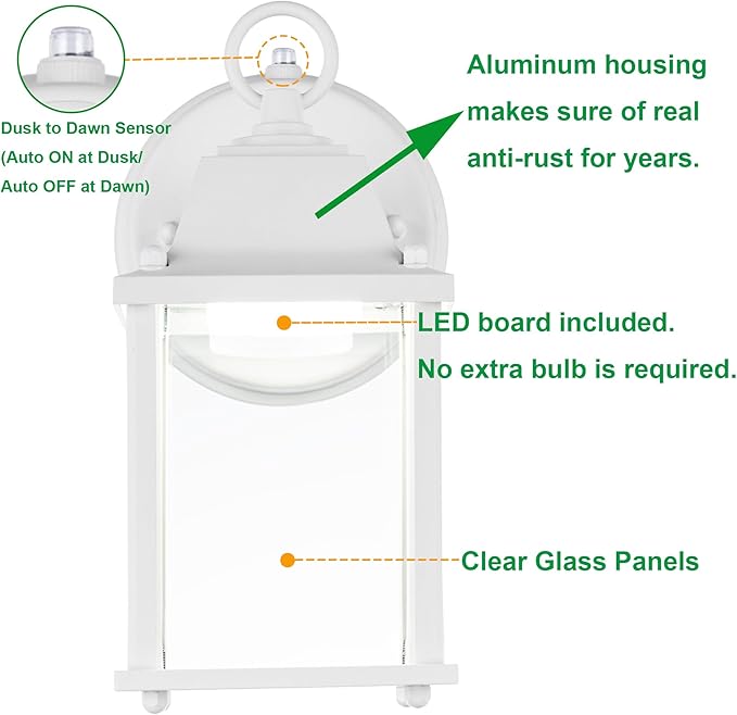 LIT-PaTH Dusk to Dawn Outdoor Wall Lantern, LED Wall Sconce, 3000K Warm White, 9.5W, 800 Lumen, Aluminum Housing Plus Glass, Outdoor Rated, 2-Pack, White
