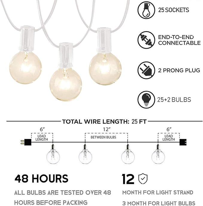 Afirst White Outdoor String Lights 25FT with 27 Globe Bulbs Vintage Incandescent Lights for Patio Garden Backyard Party Wedding