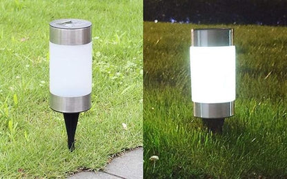 Solar Garden Lights Outdoor Solar Landscape Lights Silver Stainless Steel Bollard Decorative Lighting Waterproof Solar Powered Pathway Lights for Lawn Patio Yard Walkway Driveway,White,4 Pack
