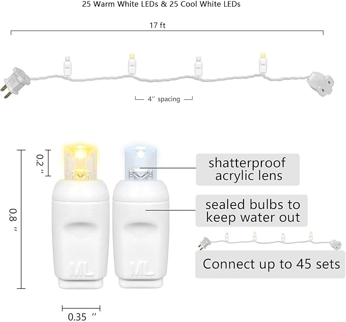 5MM Christmas Lights Warm White and Cool White LED String Lights, 50 LEDs 120V UL, 17FT White Wire Christmas Lights | Lumora