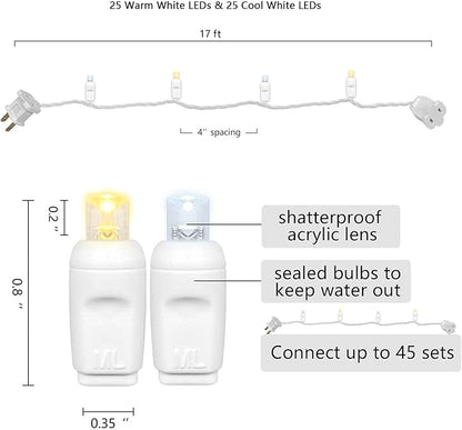 5MM Christmas Lights Warm White and Cool White LED String Lights, 50 LEDs 120V UL, 17FT White Wire Christmas Lights for Indoor & Outdoor Use, Holiday Party Decorations,Trees, Light Displays