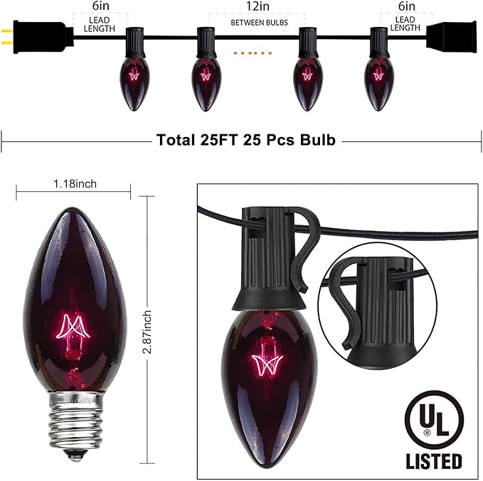 Abeja C9 Black String Light, 25Ft Vintage Halloween Lights with 26 Black Light Purple Bulbs(1 Spare), Connectable | Lumora