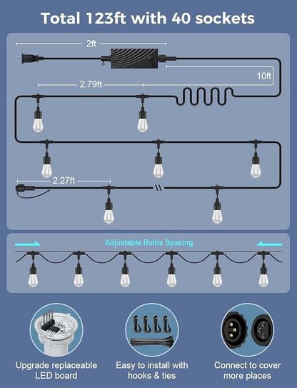 XMCOSY+ Smart Outdoor String Lights, 123Ft Patio Lights Waterproof, App Control, Compatible with Alexa, RGBCWIC Color Changing LED String Light for Outside