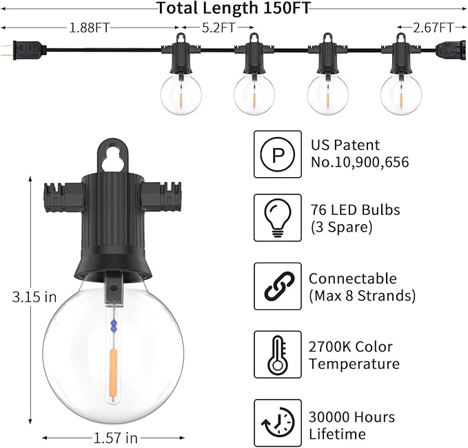 ZOTOYI Outdoor String Lights 150FT Waterproof IP65, Patio String Lights for Outside with 76 G40 Shatterproof Edison Bulbs(3 Spare), LED Hanging Lights for Backyard, Cafe, Bistro, Dimmable Warm White