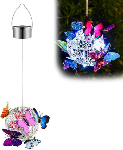 Solar Lighted Hanging Mesh Orb with LED Colorful Butterfly Roaming Light Solar Garden Patio Hanging Ball Home Outdoor Yard Ornament