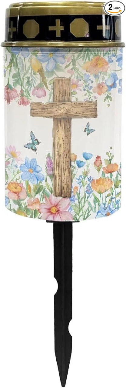 Cross Floral Solar Landscape Lights Outdoor Soft White Solar Cemetery Lights for Grave Solar Cemetery Lamp Blessed Candles for Home Memorial Decoration,Yard Path Stake Lights