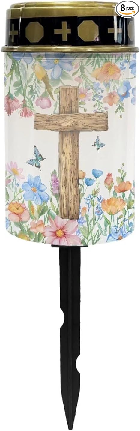 Cross Floral Solar Landscape Lights Outdoor Soft White Solar Cemetery Lights for Grave Solar Cemetery Lamp Blessed Candles for Home Memorial Decoration,Yard Path Stake Lights