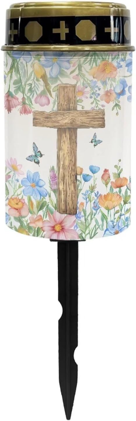 Cross Floral Solar Landscape Lights Outdoor Soft White Solar Cemetery Lights for Grave Solar Cemetery Lamp Blessed Candles for Home Memorial Decoration,Yard Path Stake Lights