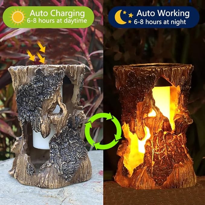 Solar Garden Lights, Flickering Stump Solar Flame Lantern Light Waterproof, Outdoor Stump On Fire Torch Light, Solar Powered Landscape Decoration Lighting for Patio Pathway Deck Yard (Natural)